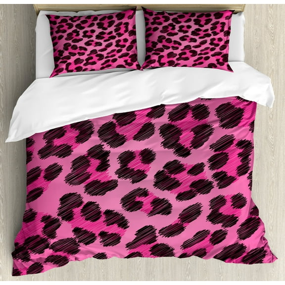 Teen Room Duvet Cover Set, Vibrant Leopard Skin Pattern Fashion Modern Wild and Colors Display Print, Decorative 3 Piece Bedding Set with 2 Pillow Shams, Calking Size, Magenta and Black, by Ambesonne