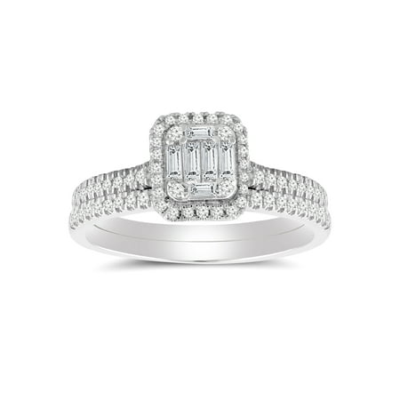 1/2 cttw Emerald Shape Halo Diamond Baguette Composite Bridal Ring Set (I-J, I2-I3) in 10K White Gold for Engagement and Wedding