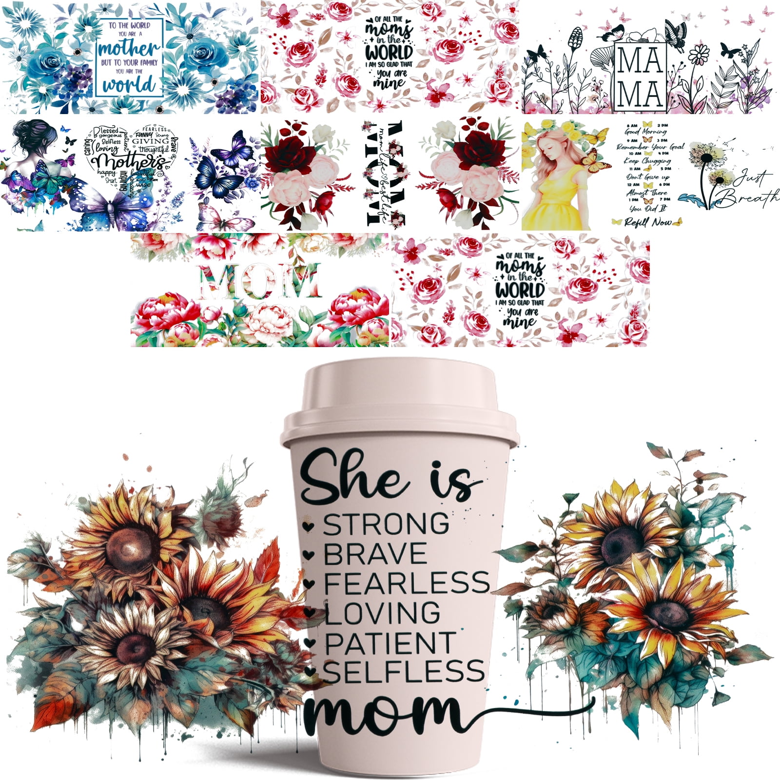 UV DTF Cup Wraps 16 Oz - 8 Sheets, Mama Theme, Sunflower, Hearts, Quotes - View #4