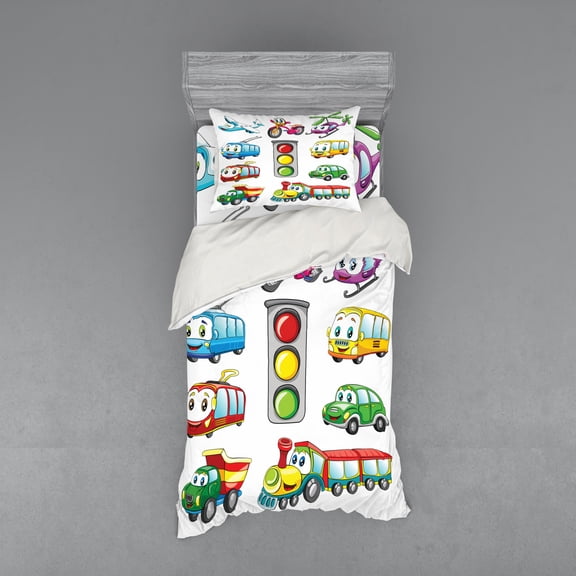 Nursery Duvet Cover Set, Cartoon Style Urban Public Transportation Characters with Smiling Friendly Faces, Bedding Set with Shams and Fitted Sheet, 3 Sizes, by Ambesonne