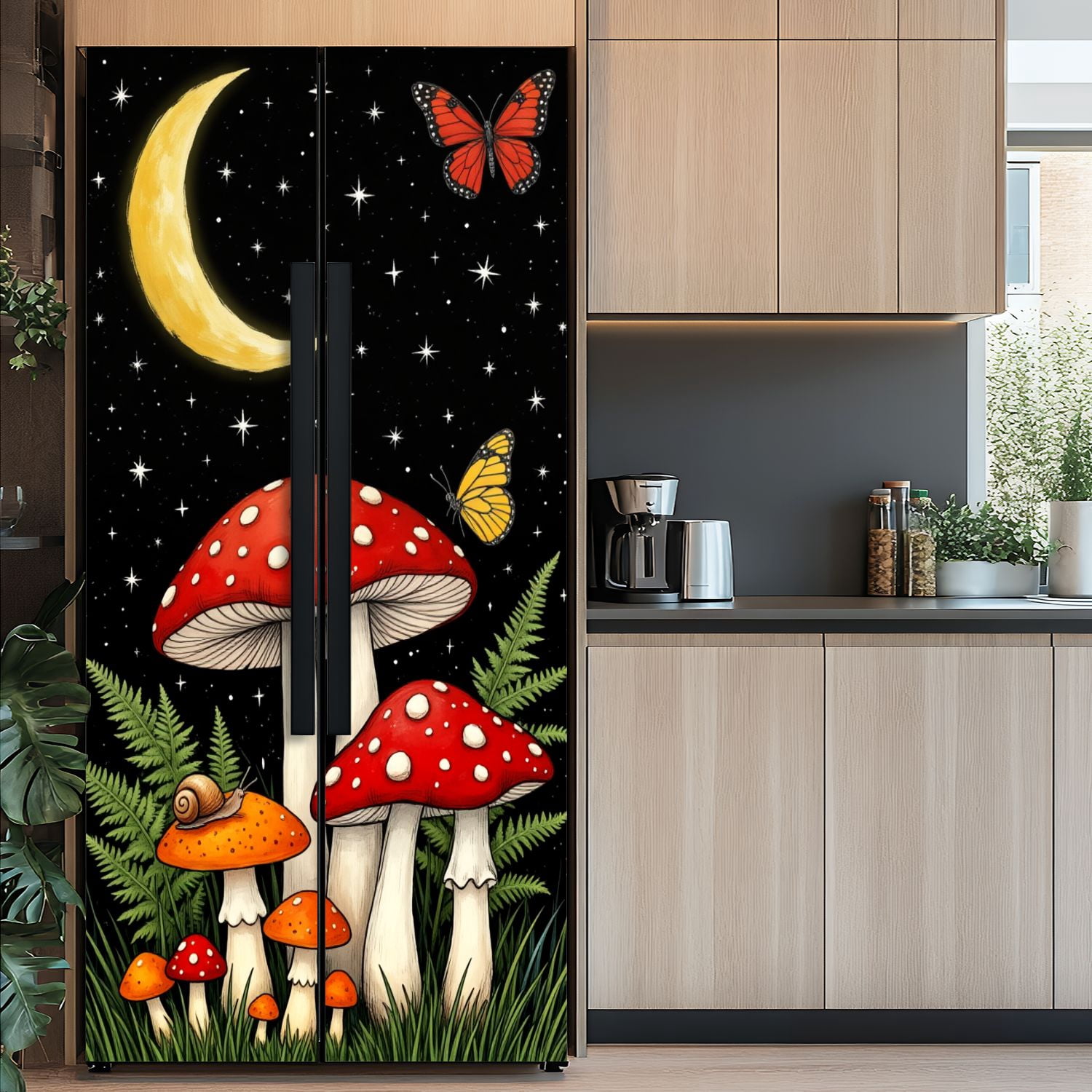 Self Adhesive Vinyl Refrigerator Wrap Set Magical Forest Red Mushrooms Crescent Moon Butterflies Boho Door Mural Removable Fridge Sticker Peel and Stick&nbsp;Full Door Cover Decal Kitchen Bar Decor