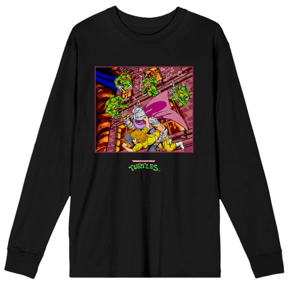 Teenage Mutant Ninja Turtles Battle Screenshot Men's Black Long Sleeve Shirt-Large
