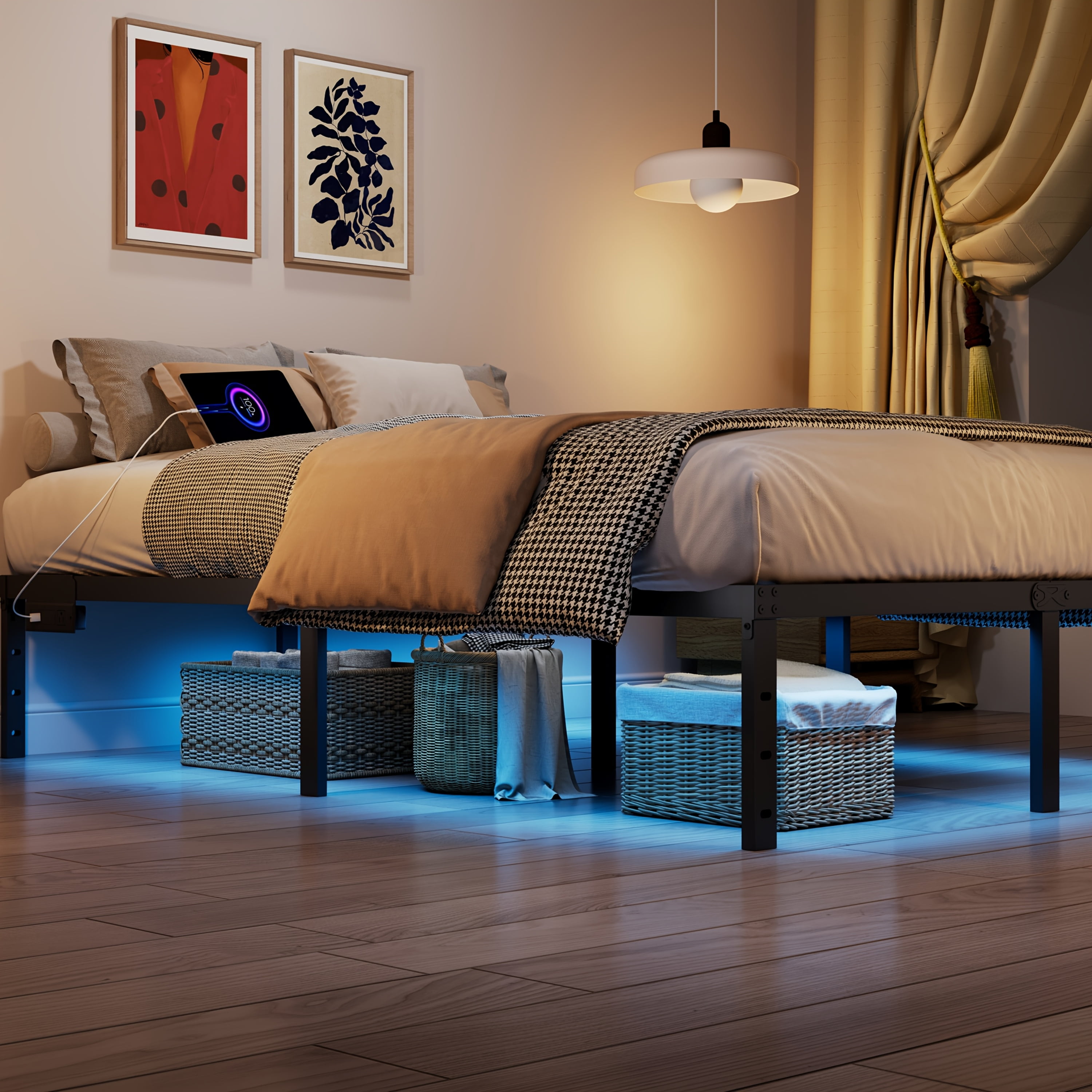 WANTAI 14 inch Queen Heavy Duty Metal Platform Bed Frame with Charging Station and LED Lights, No Box Spring Needed, Easy Assembly, No Noise