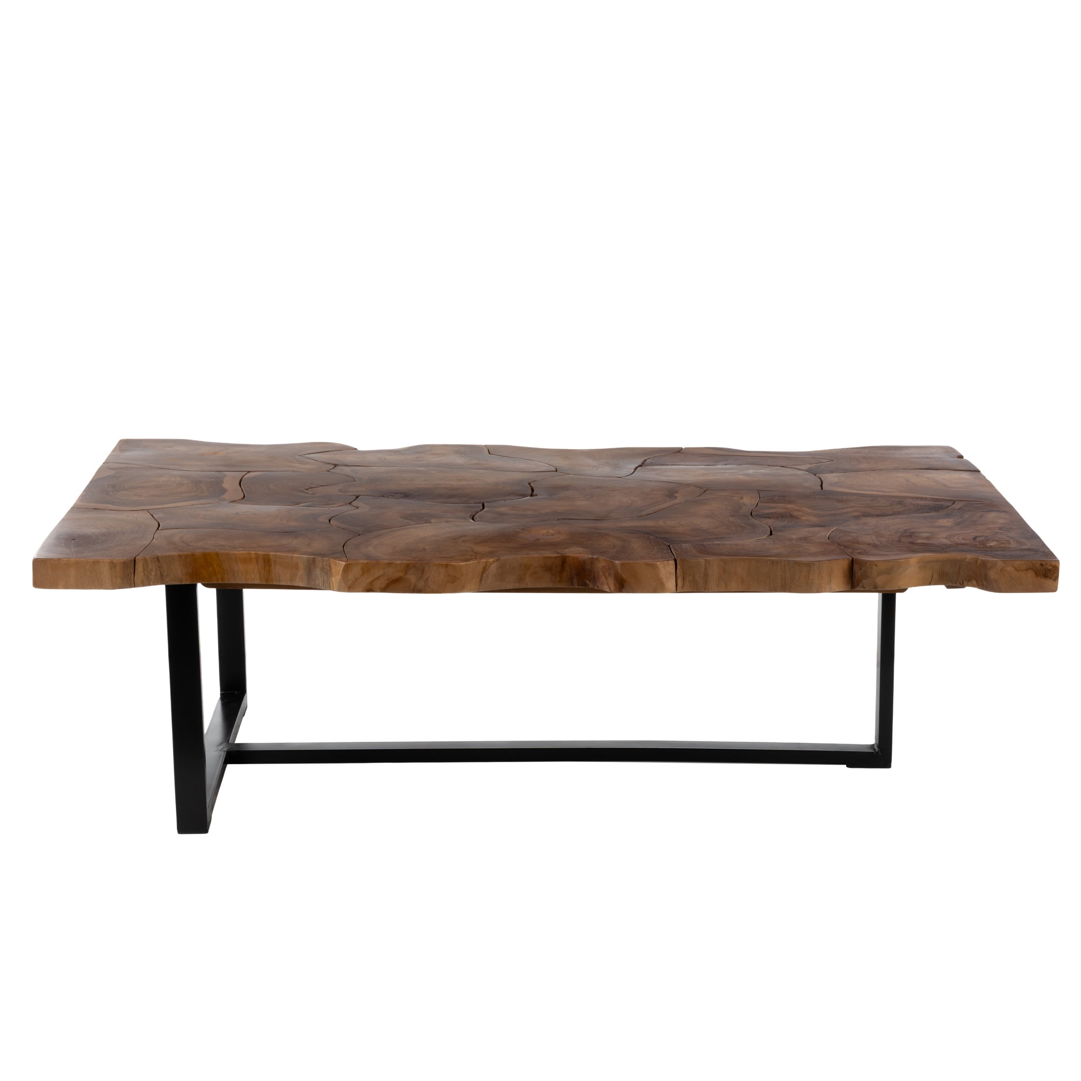 DecMode 49" x 15" Brown Teak Wood Handmade Live Edge Coffee Table with Black Metal Base, 1-Piece