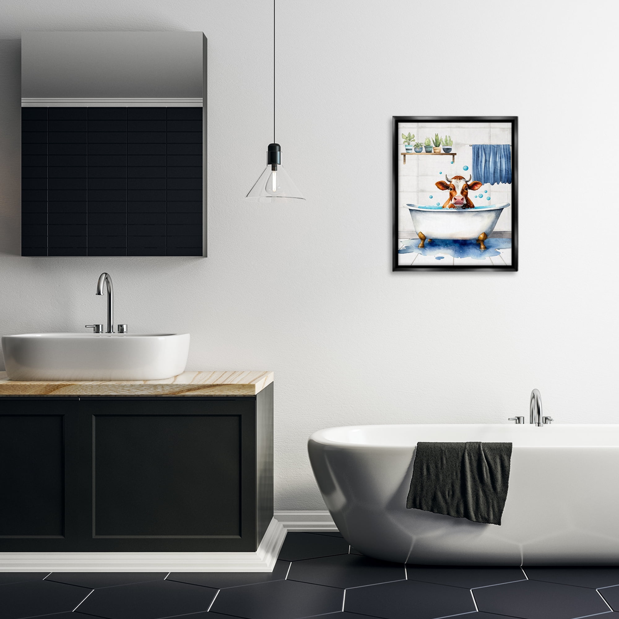 Stupell Industries Cattle Bathtime Suds Bath & Laundry Painting Black Floater Framed Canvas Art Print Wall Art, 17 x 21