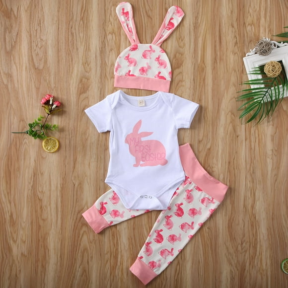 Easter Bunny Outfits Toddler Baby Boy Girl Romper Bodysuit+Pants Hat Clothes Pink 0-3 Months