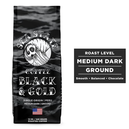 Sea State Coffee Black and Gold, Single Origin Peru, Ground Coffee, Medium Dark Roast, 12 oz