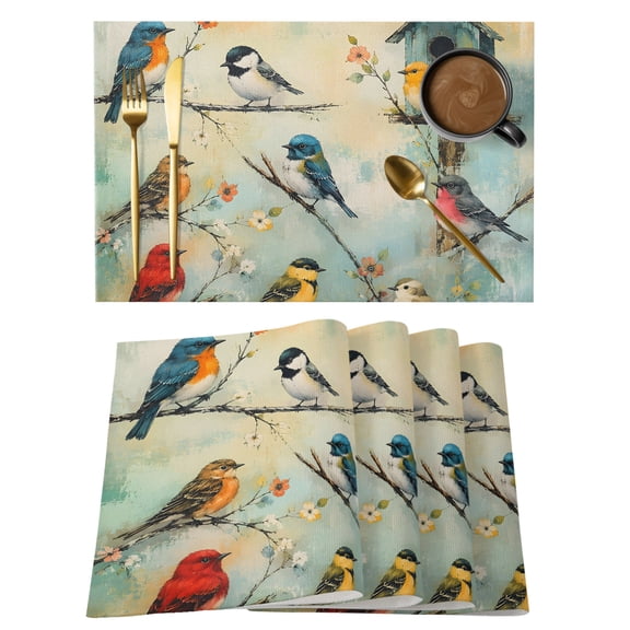 Spring Farmhouse Placemats Set of 2 Watercolor Natural Wild Birds Nest Floral Place Mats Indoor Wipeable Table Mats Washable Dining Table Placemats for Kitchen Holiday Party Home Decor 13x19 Inch