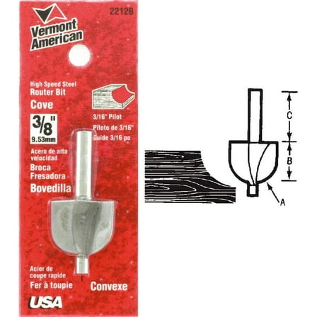 Vermont American 23140 3/8-Inch Radius Carbide Tipped Cove Router Bit, 1/2-Inch Ball Bearing 2-Flute 1/4-Inch Shank