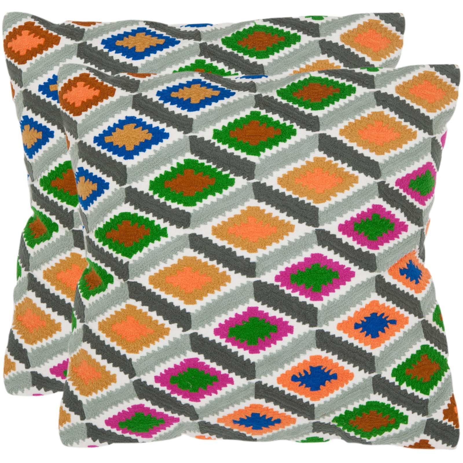 Multicolor Geometric Embroidered Cotton Square Throw Pillows, Set of 2