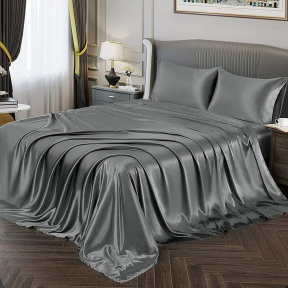 FKFISD-Satin Sheets Twin Silky Soft Satin Bed Sheets Grey Sheet Set, 1 Deep Pocket Fitted Sheet 1 Flat Sheet 1 Pillowcases