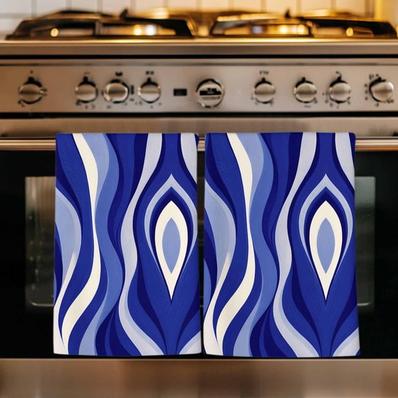 Blue Moire Kitchen Towels Set of 3, Classic Modern Abstract Art Elegant Absorbent Dish Towels for Kitchen, Microfiber Hand Towel, Quick Drying Tea Towel for Cleaning Decorative Dishcloths