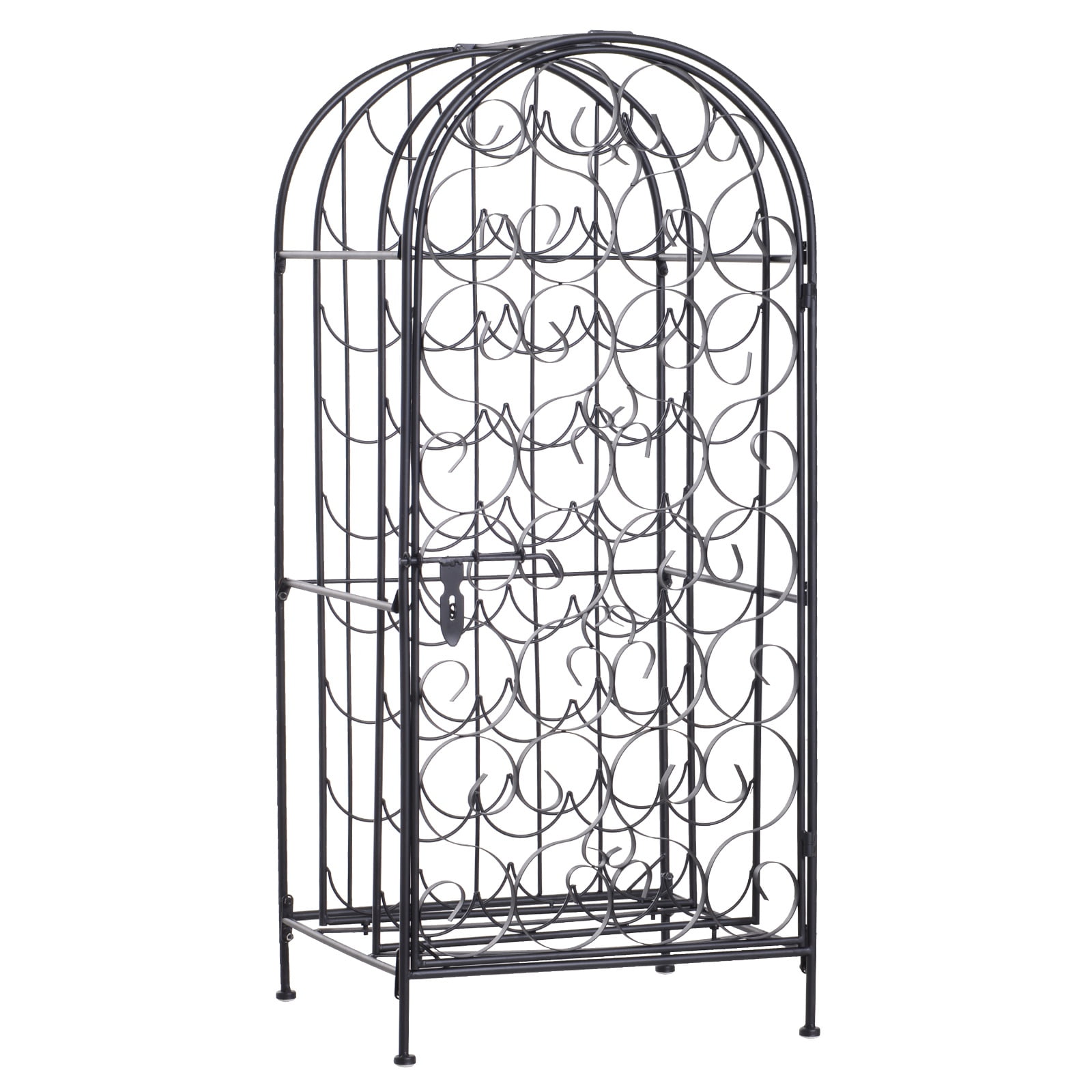 35 Bottle Wrought Iron Wine Rack Jail with Lock Black