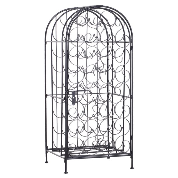 35 Bottle Wrought Iron Wine Rack Jail with Lock Black