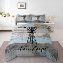 Homewish Wooden Plank Teens Full Size Comforter Sets, Grey Blue Lake House Cabin Bedding Comforter Set, Rustic Farmhouse Reversible Bedding Sets, Lightweight Room Decor, 3pcs