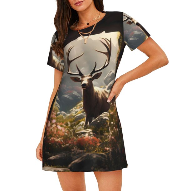 Disketp Enchanted Deer In Cave para Camisón Corto de Manga Corta para Mujeres, Camisón Cómodo con Escote Redondo, Bonito y Confortable