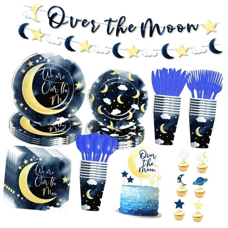 SKYSONIC Over The Moon Shower Decorations, Navy Blue Starry Night Galaxy Twinkle Little Party Supplies, Including Paper Plates, Napkins, Cups, Cupcake Toppers, Cutlery, and Banner, Se