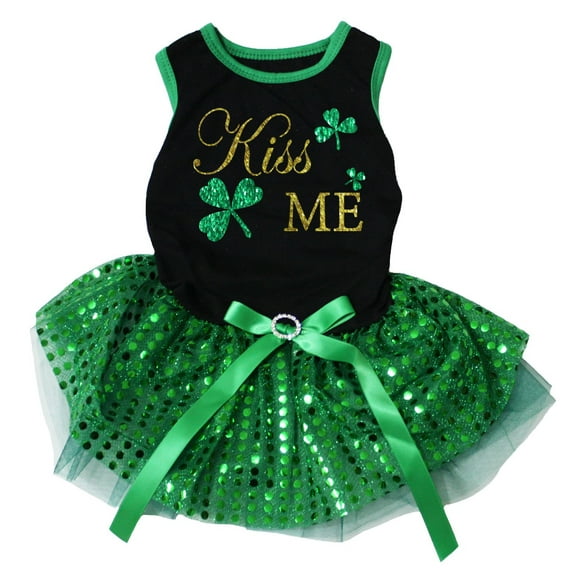 Petitebelle Kiss Me Clovers Puppy Dog Dress (Black/Green Sequins, Medium)