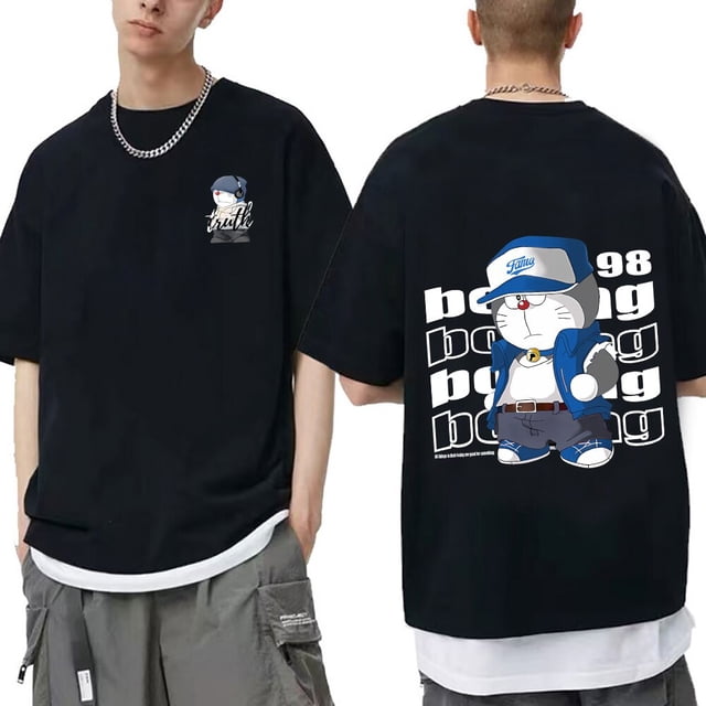 Camisetas de algodón con estampado de gato de dibujos animados para hombre, Tops de manga corta, camisetas informales de gran tamaño, camiseta Y2K con cuello redondo, Verano