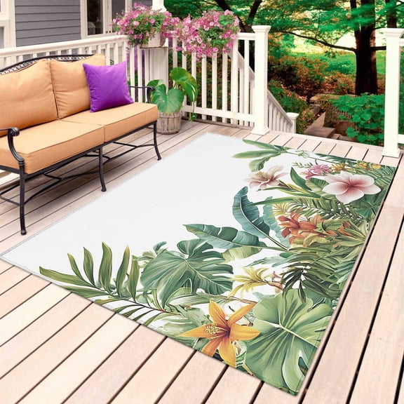 Summer Tropical Outdoor Rug 5x7 Ft, Non Slip Washable Area Rug, Floral Vintage Green Leaves Patio Rugs Carpet Runner, Large Floor Mat for Indoor/Outdoor Deck Porch Camping