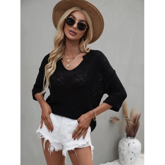 Round Neck Drop Shoulder 3/10 Length Sleeve Knit Sweater for Women