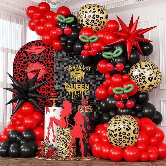 Red Black Balloons Garland Arch Kit, 133pcs Green Cherry Black Red Explosion Star Foil Balloons, 4D Cheetah Print Mylar Balloons for Berry Themed Birthday Baby Shower Bachelorette Party Decorations