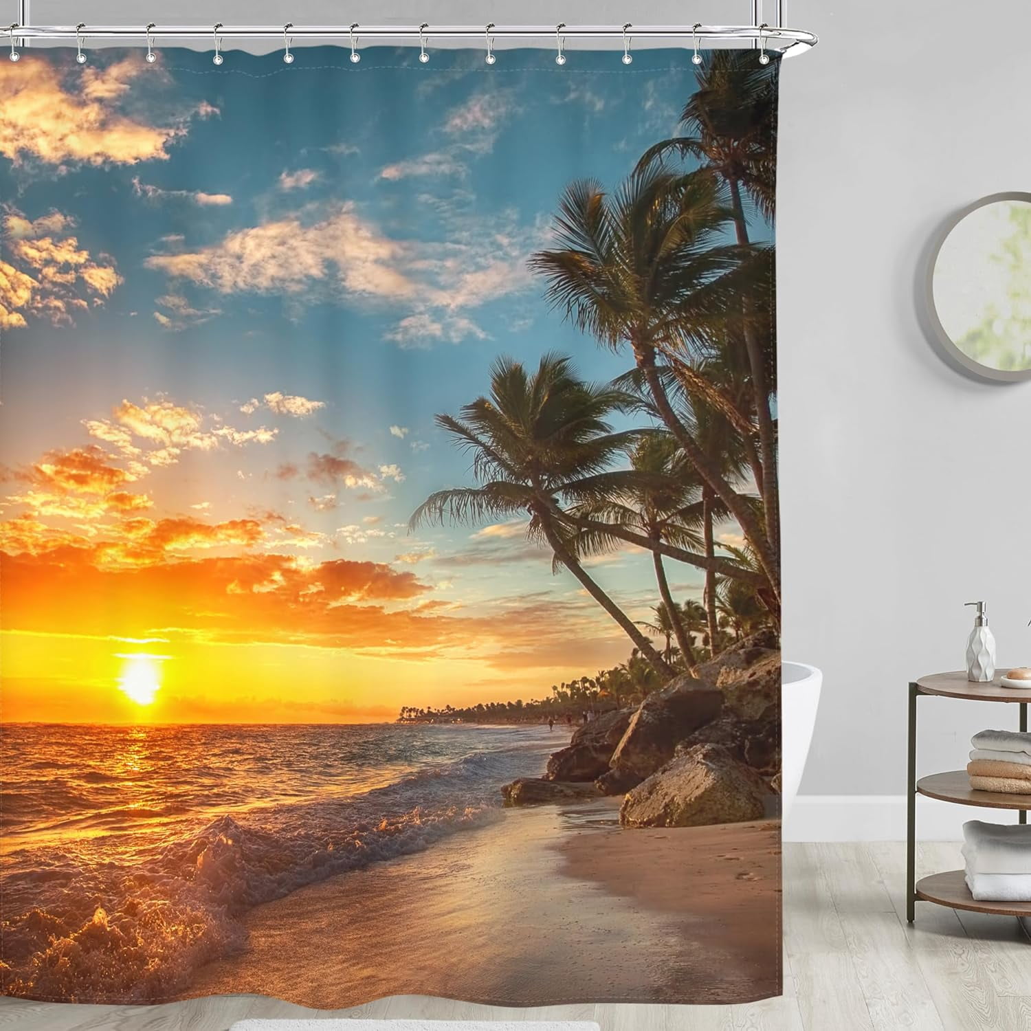 Hawaiian Coastal Beach Shower Curtain Tropical Palm Tree Hawaii Sunset Sunrise Sea Ocean Wave 72Wx72H Inch Seaside Landscape Nature Fabric Decor Bathroom Polyester Waterproof 12 Pack Hooks