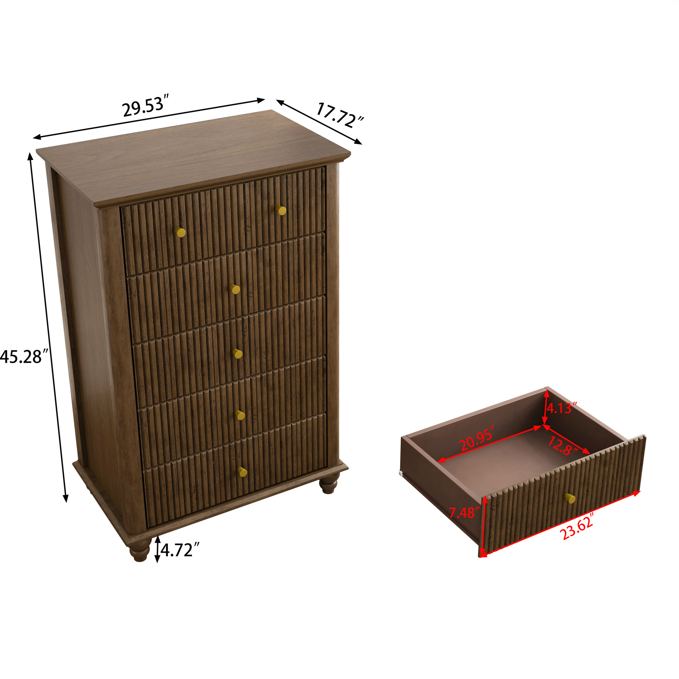 Noble House Harmon Fluted 5-Drawer Dresser, Modern Rubberwood Chest with Metal Handles, for Entryway, Bedroom, Walnut