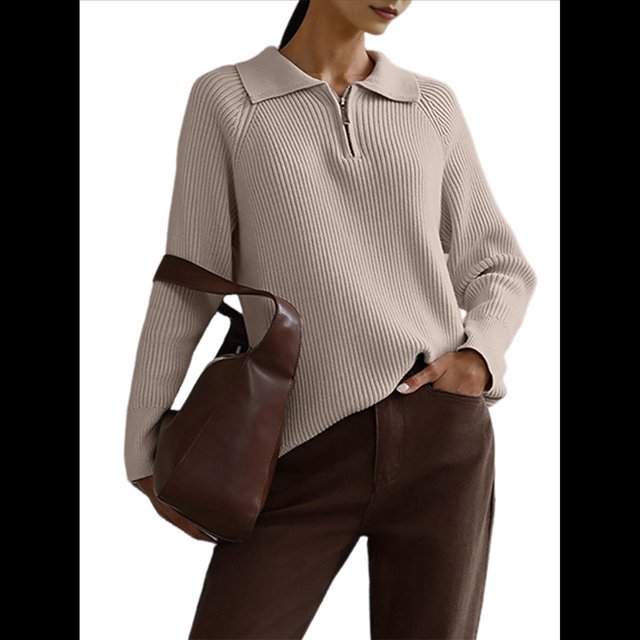 Suéter de Larga con Cremallera de un Cuarto para Mujer, Informal, Holgado, con Cuello en V y Punto Acanalado. Albaricoque L
