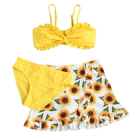 

adviicd Teen Girl Swimsuit Girls Swimsuit Ruffles Flounce Printed Two Pieces Bikini Set Swimwear Bathing Suits Yellow 11 Years