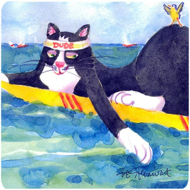 Black And White Cat Surfin Bird Foam Coasters - Set Of 4, 3.5 x 3.5 In.