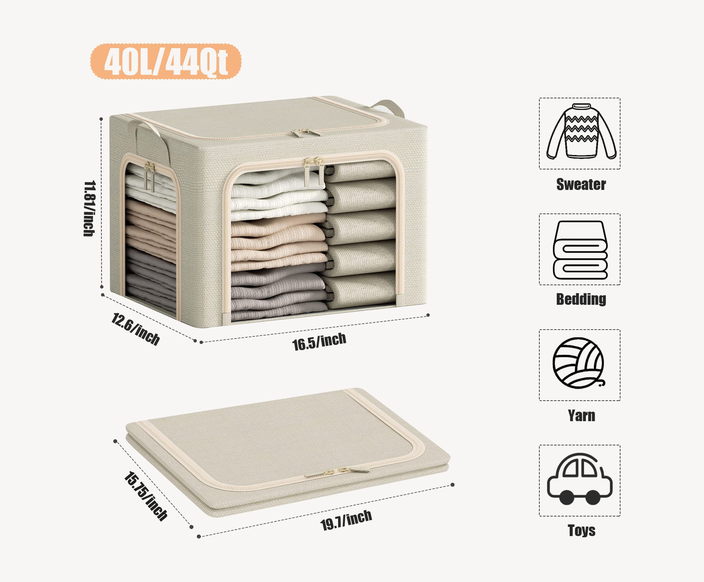 3 Pack Beige Linen Fabric 66L Stackable Storage Bins, Closet Organizer with Lid, Clear Window & Handles for Clothes, Bedding & Linen