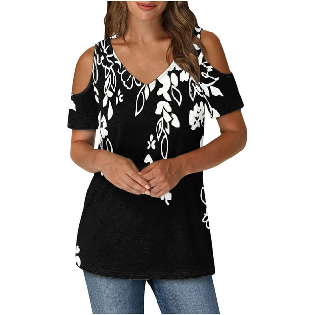 Tops de Algodón para las Mujeres Impresión de Manga Corta Cuello en V Fuera Del Hombro Blusa de Moda, Imitación de Algodón para el Hogar Diario