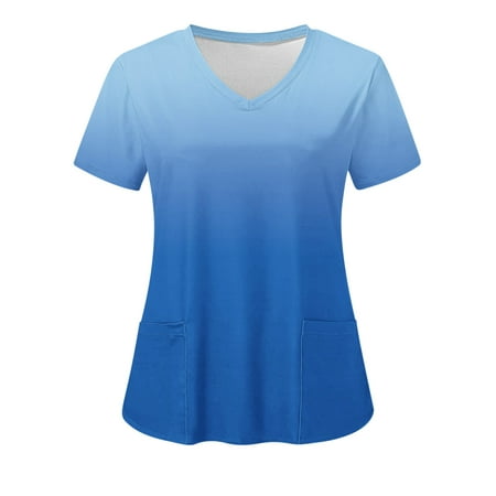 

RYRJJ Scrub Tops for Women Short Sleeve Nurse Working Uniform with Pockets Summer Gradient Color V Neck Stretchy Holiday T Shirts Blue S