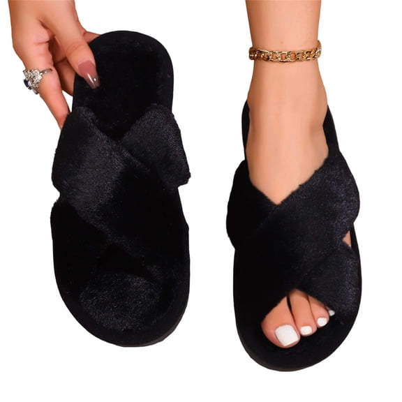 KEVCHE Womens Fuzzy Slippers ,Cross Band Foam Open Toe Soft House Shoes ,Anti-Slip Indoor Outdoor Comfortable Bedroom Slippers for Everyday Lounging
