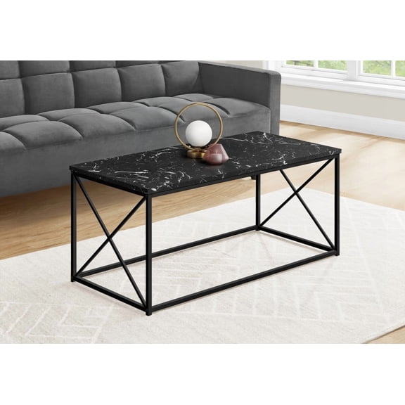 Modern Coffee Table with Black Marble Look and Black Metal Frame, 40"l for Living Room