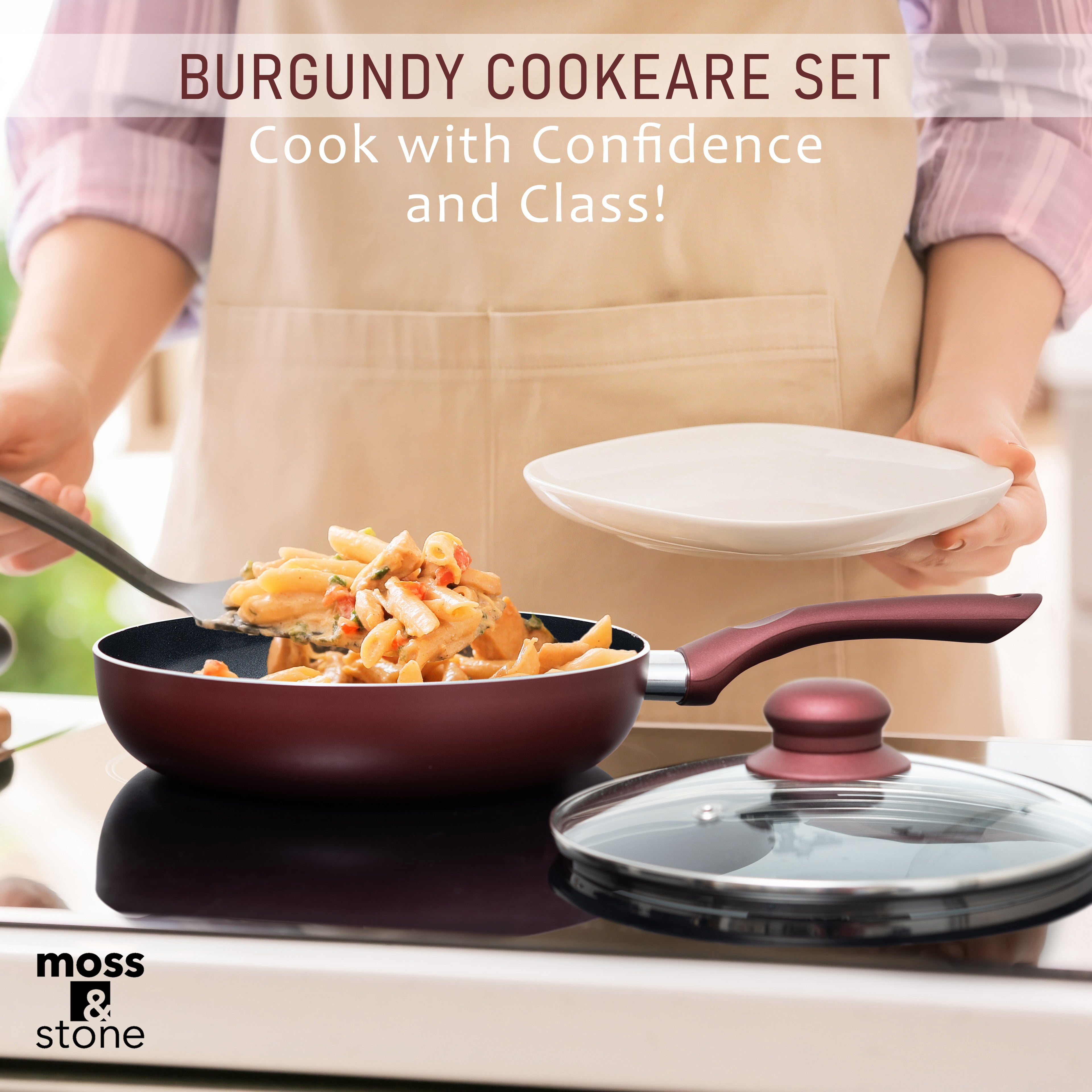 Moss & Stone 6 Piece Nonstick Cookware Set, Pots And Pans Set Non stick With Glass Lid, Induction Cookware, Stay-Cool Handles, PTFE/PFOA (6 Pcs Burgundy)