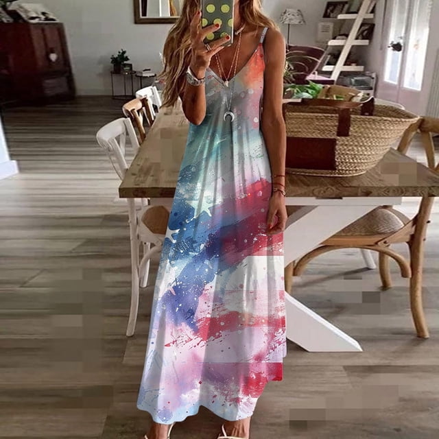 FcBaudy Camisole Sans Manches Col en V, Robes d'Été pour Femmes, Robes Sans Manches Mode Imprimée Bretelles Robes Femmes