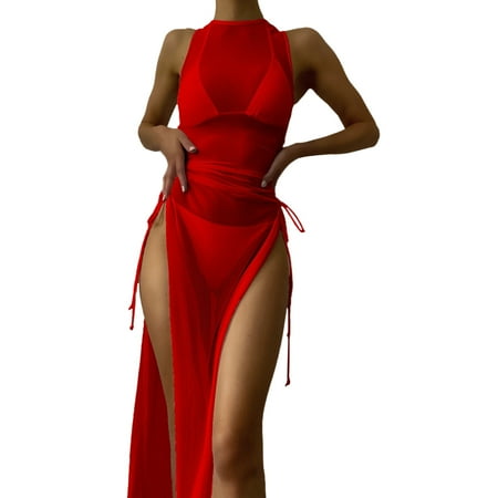 Xiangyun Sheer Coverups for Women Swimsuit Coverup for Women Bathing Suit Cover Up for Women Bikini Draped Front Knot Mesh Cover Up Hight Split Fork Dress Beach Wrap Dress Cover Up Red 2XL