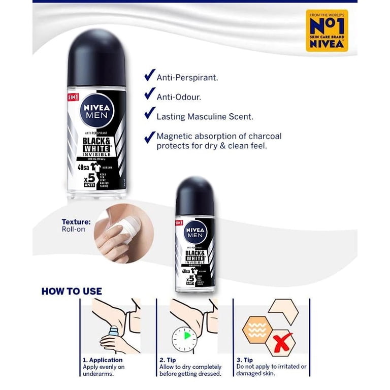 NIVEA MEN, Deodorant Roll-on, 48h, Invisible Black and White