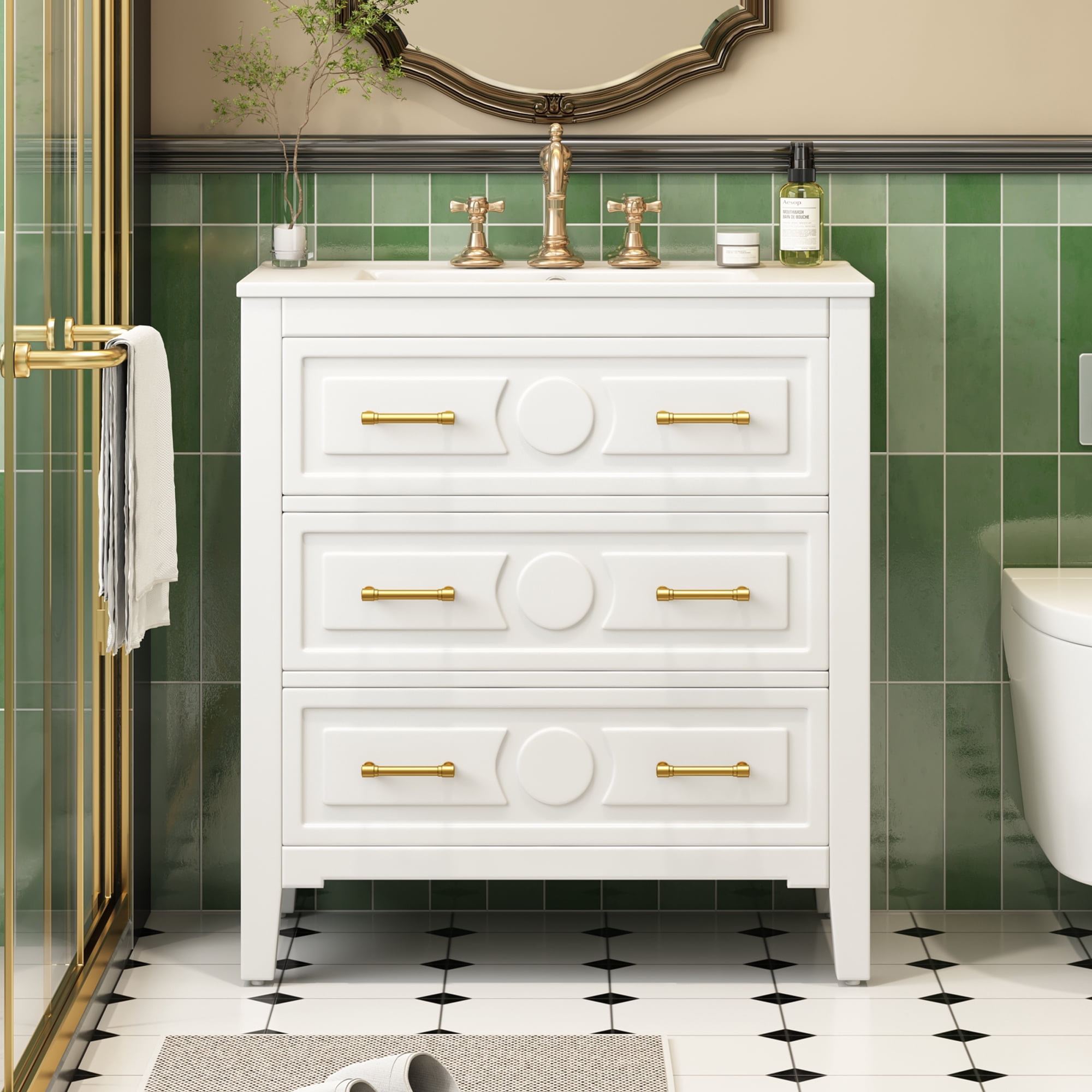 Euroco 30'' Bathroom Vanity with Ceramic Sink Combo, Free Standing Single Vanity Set with 3 Drawers, Solid Wood Frame Bathroom Storage Cabinet