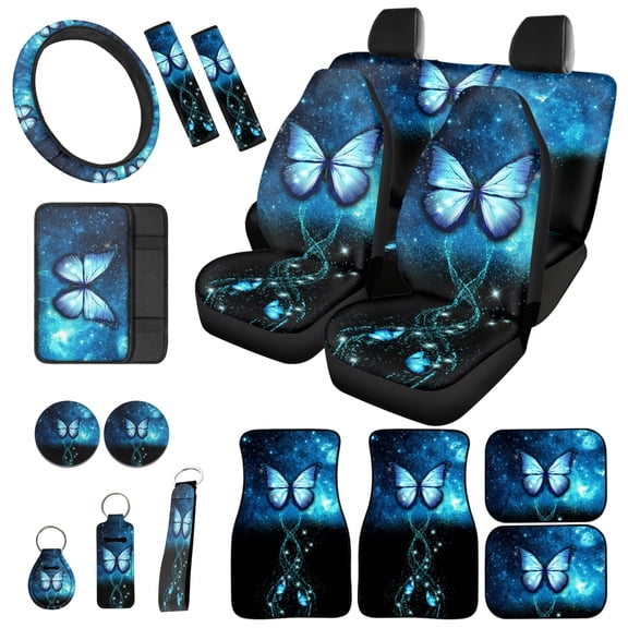Jeiento Blue Butterfly Car Accessories Sets Car Seat Covers with Floor Mats Steering Wheel Cover Seatbelt Shoulder Pad Center Console Pad Coasters Keychain Lipstick Holder 17 Pack