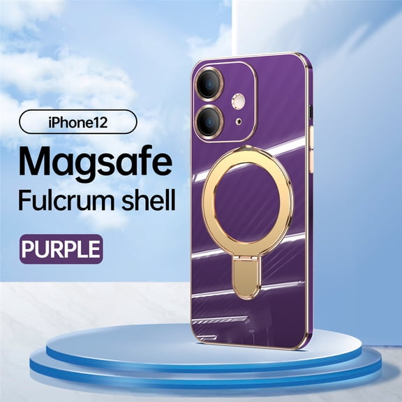 Cowithday Mag-Stand Designed for iPhone 12 Case with Camera Lens Protector, [All-in-1] [Compatible with MagSafe] Ring Kickstand Plated TPU Luxury Phone Case Cover for iPhone 12 6.1 inch, Darkpurple