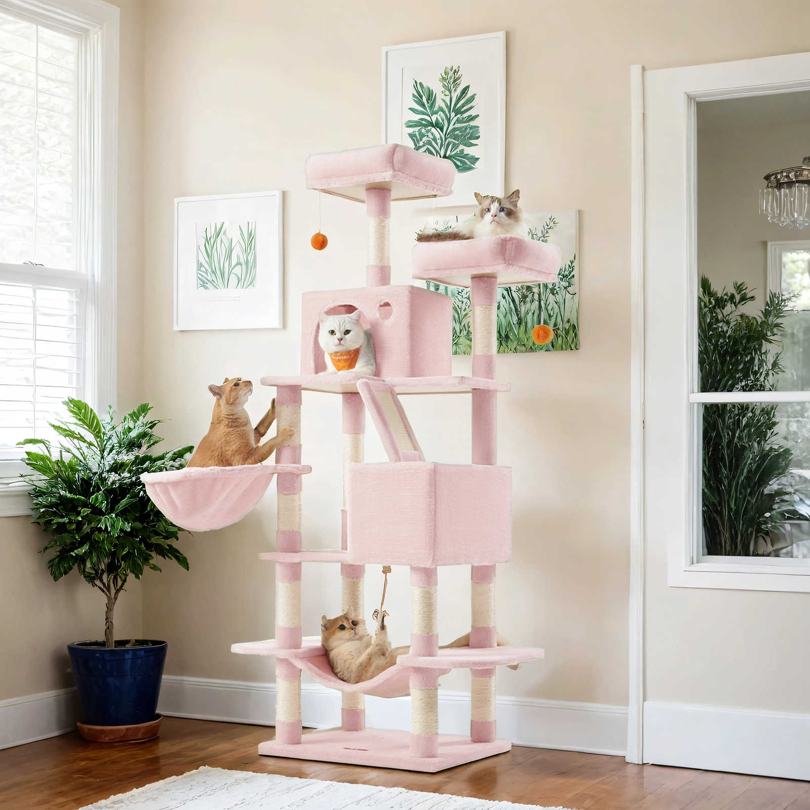 LEDREM Multi-Level Cat Tree Tower with 13 Scratching Posts, 2 Perches & Caves, Hammock, Basket & Pompoms - Plush Indoor Cat Condo, Jelly Pink
