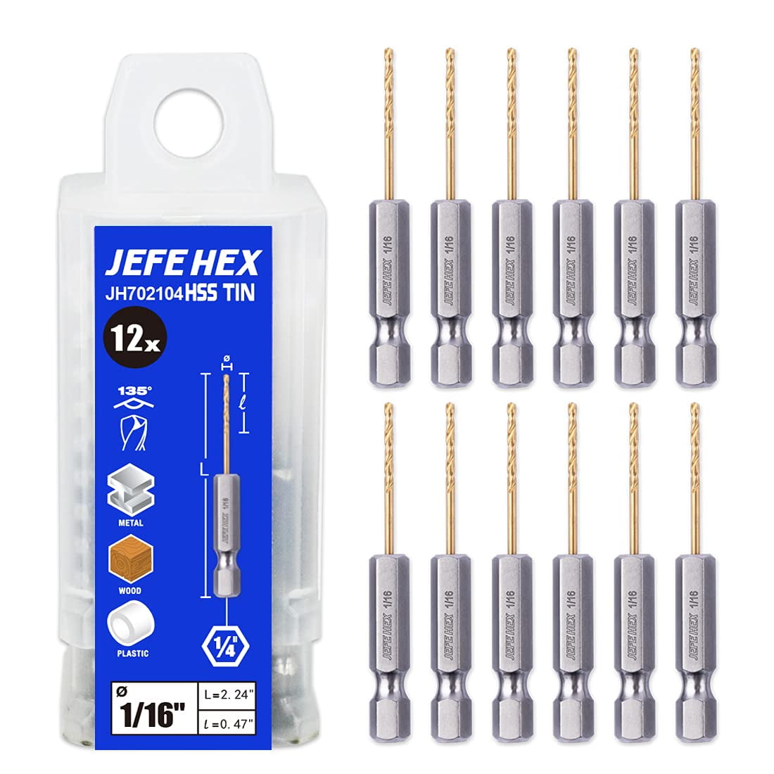 JEFE HEX 1/16" Hex Shank Drill Bits for Quick Change, HSS Titanium