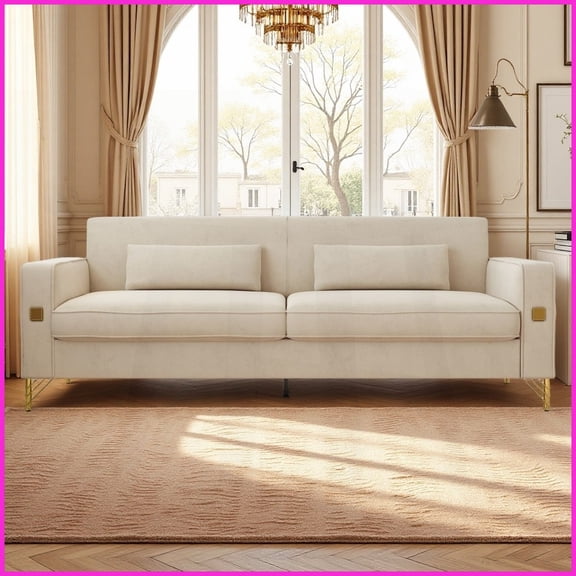 Modern Minimalist Beige Short Plush Sofa, 85.83'' 3-Seater Living Room Couch with Removable Cushions & Metal Legs