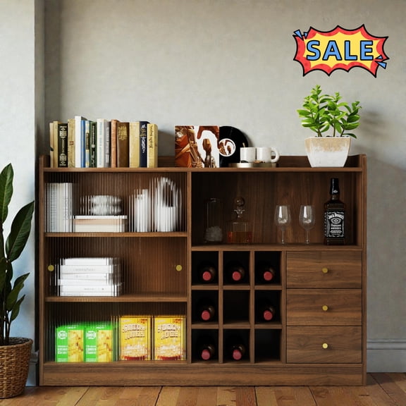 Tcbosik Modern Buffet Sideboard with 9-Grid Wine Holder, Cupboard with 2 Sliding Glass Doors and 3 Storage Drawers, Coffee Bar Cabinet with Open Shelves, Credenza for Kitchen, Dining Room, Walnut