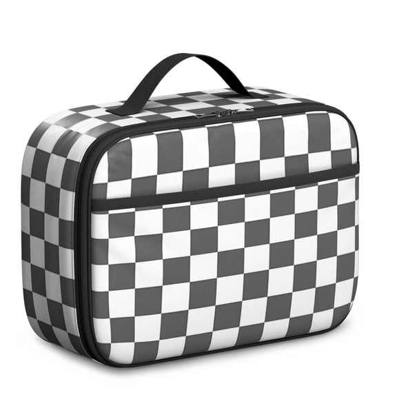 Gray and White Checkered Pattern Insulated Lunch Bag Teens,Bento School Lunch Bag for Teens for Work,Picnic or Travel 10.6x7.7x4.3 Inches,12 Can Capacity