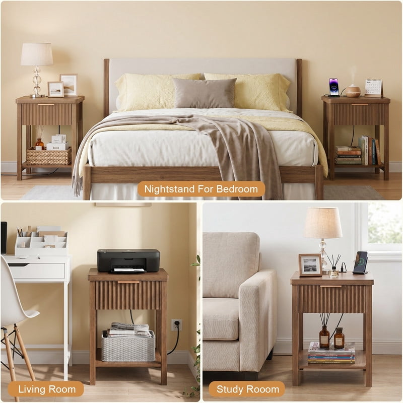 Set of 2 Mid-Century Modern Small Bedside Storage Table with Power Socket, Wood Nightstand with Open Shelf & One Drawer