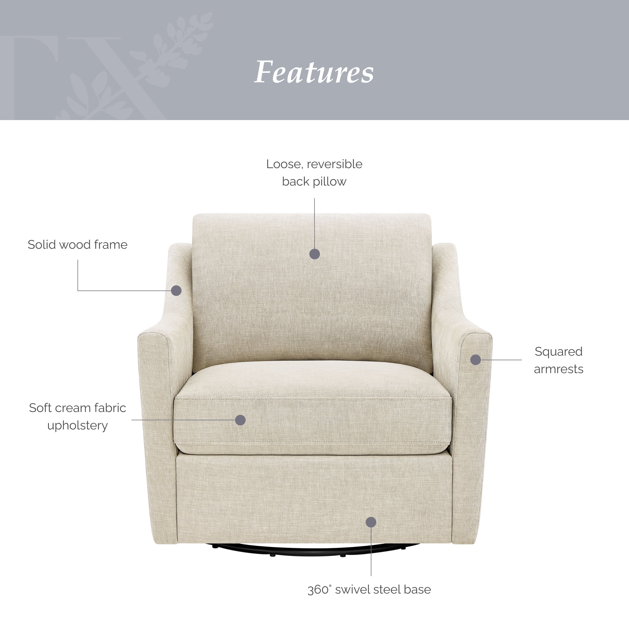 My Texas House Roan Swivel Accent Chair, Cream Fabric Upholstery
